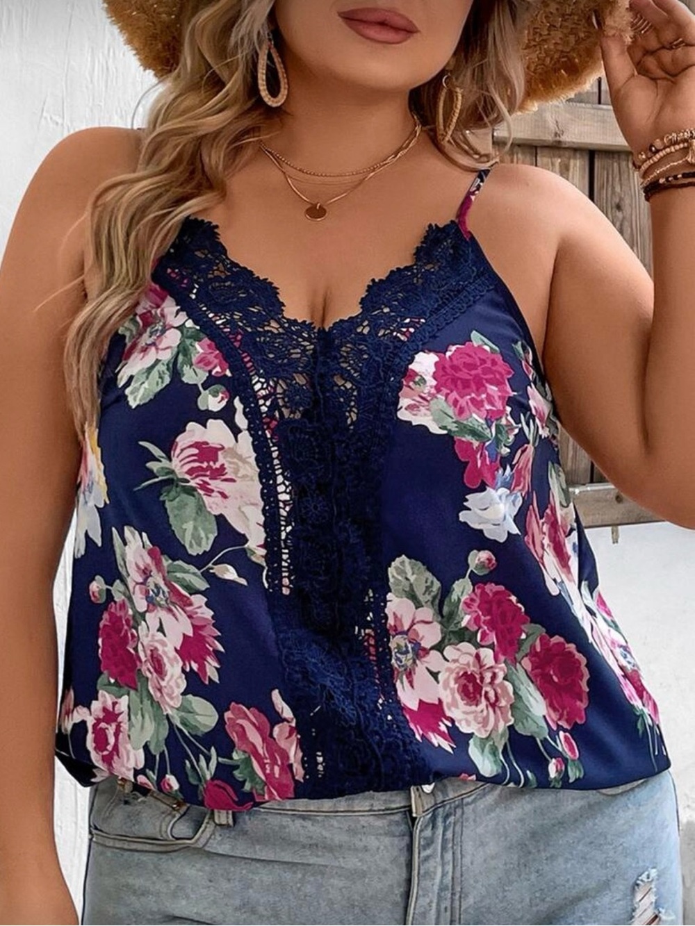NWT SHEIN Navy Floral Lace-Trim Cami
